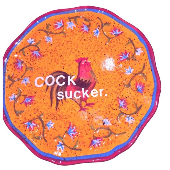 Hand-Painted Ceramic Plate With Rooster & Text Design Round 8" Decorative Dish Y - Picture 1 of 5